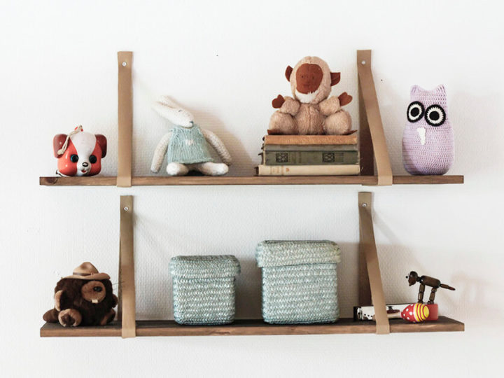 Simple shelving with leather hangings